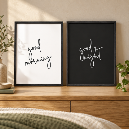 Good Morning Good Night - Set Of 2 Prints — close lifestyle view, black oak frame