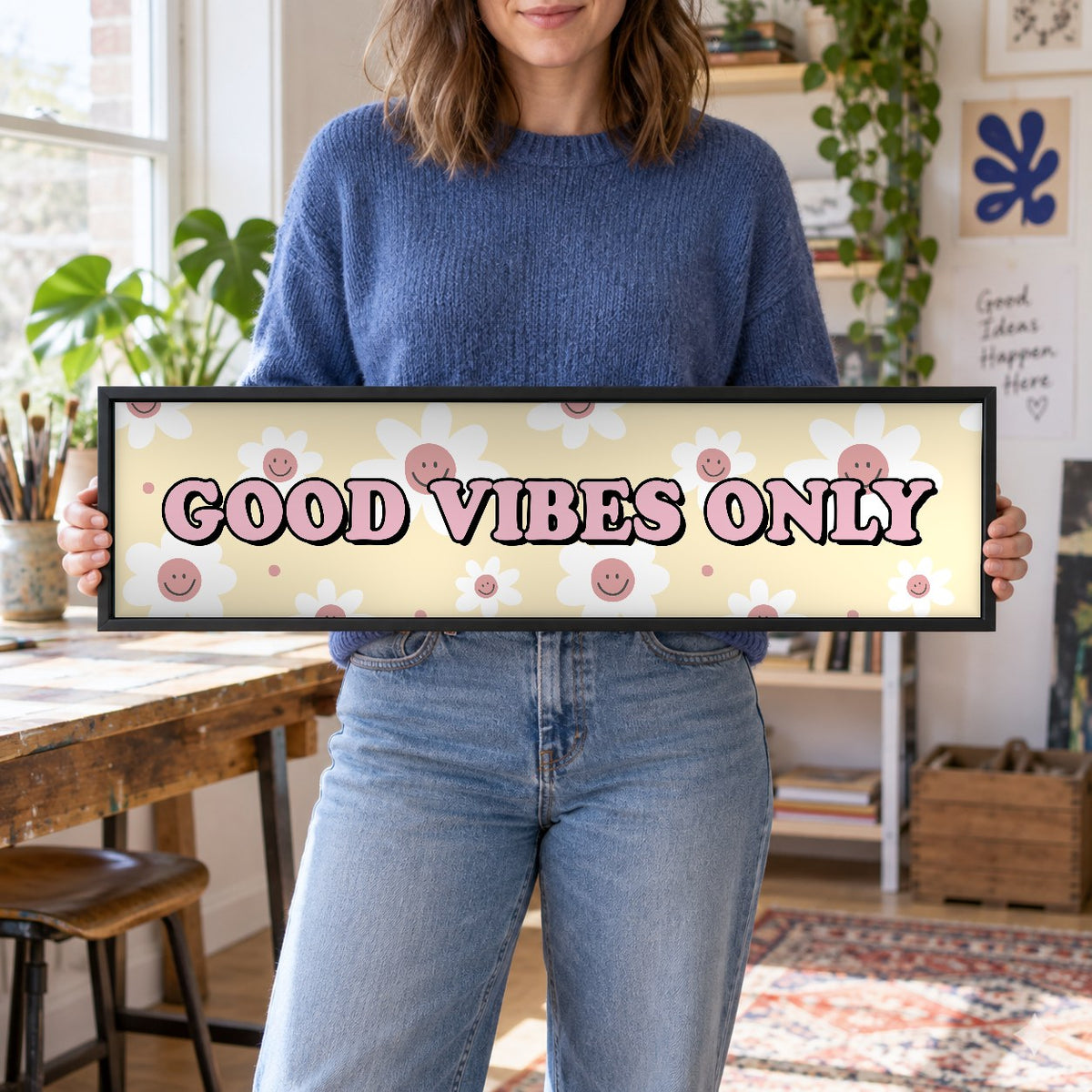 Good Vibes Only panoramic print in a black frame in a room setting