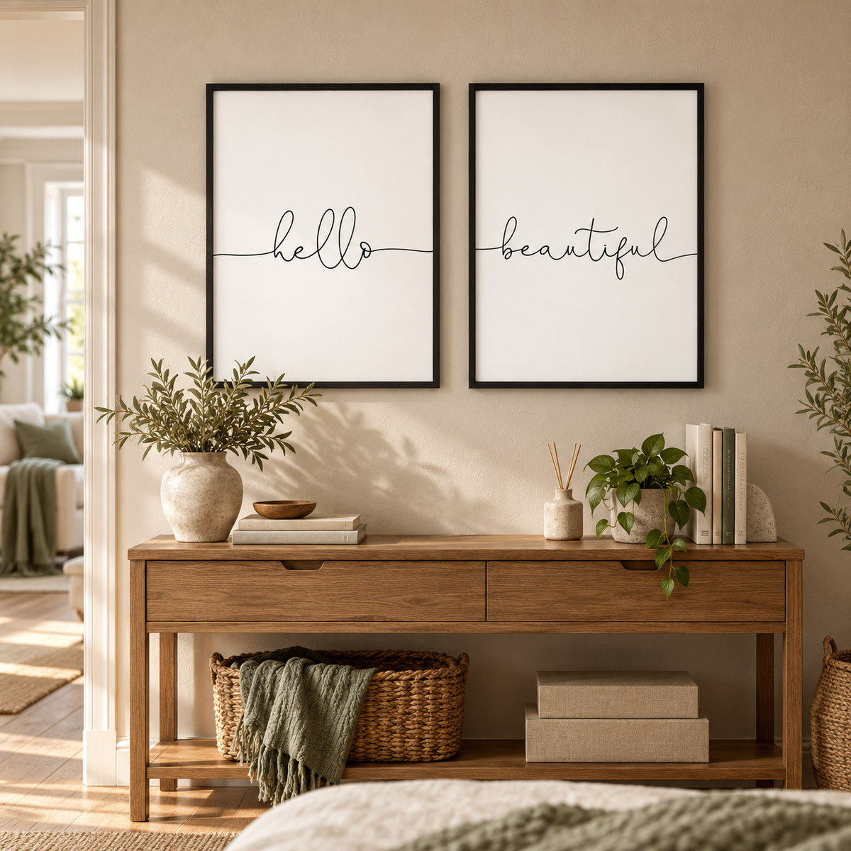 Hello Beautiful - Set Of 2 Prints — wider room setting, black oak frame