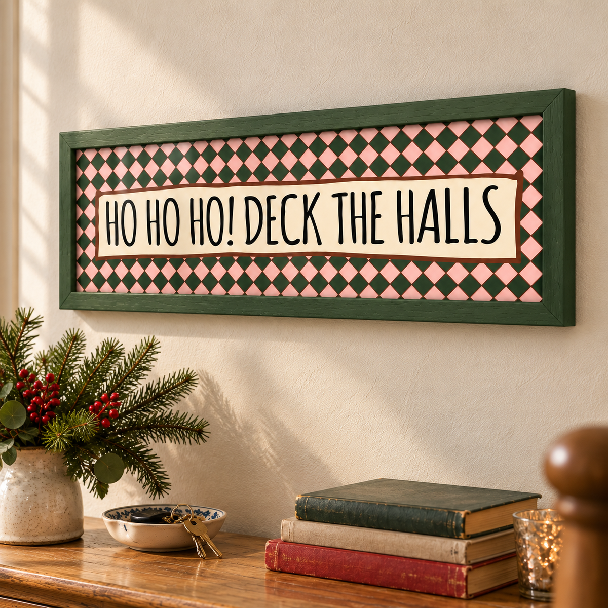 Ho Ho Ho! Deck The Halls Panoramic Print — angled green detail