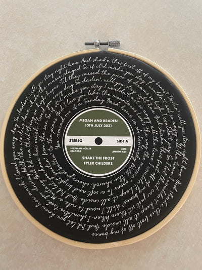 Customer photo — Personalised Song Lyrics Vinyl Record Cotton Canvas Circular Frame