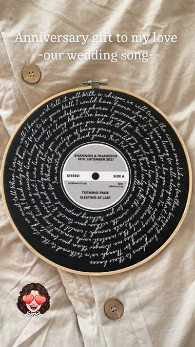 Customer photo — Personalised Song Lyrics Vinyl Record Cotton Canvas Circular Frame