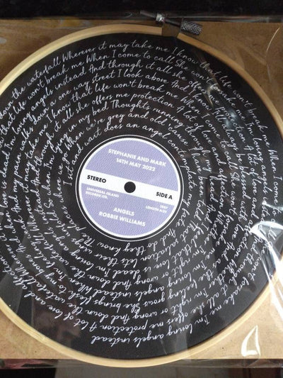 Customer photo — Personalised Song Lyrics Vinyl Record Cotton Canvas Circular Frame
