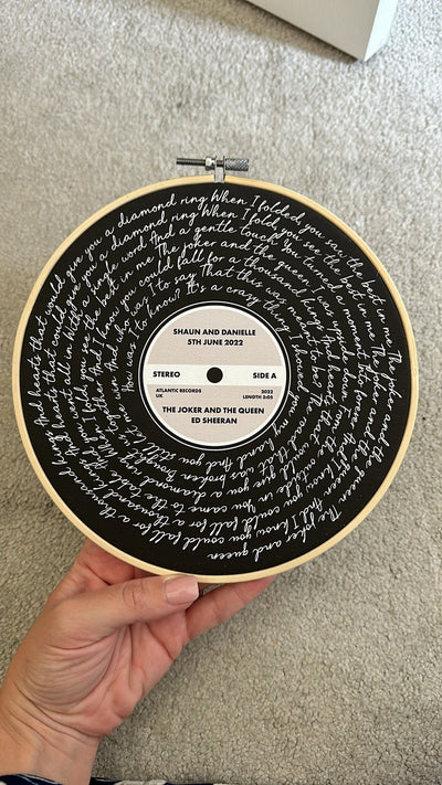 Customer photo — Personalised Song Lyrics Vinyl Record Cotton Canvas Circular Frame