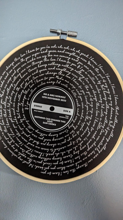 Customer photo — Personalised Song Lyrics Vinyl Record Cotton Canvas Circular Frame