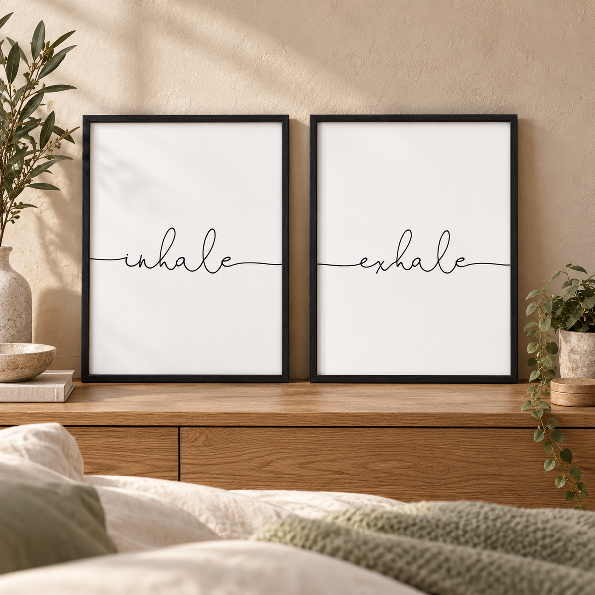 Inhale Exhale - Set Of 2 Prints — close lifestyle view, black oak frame