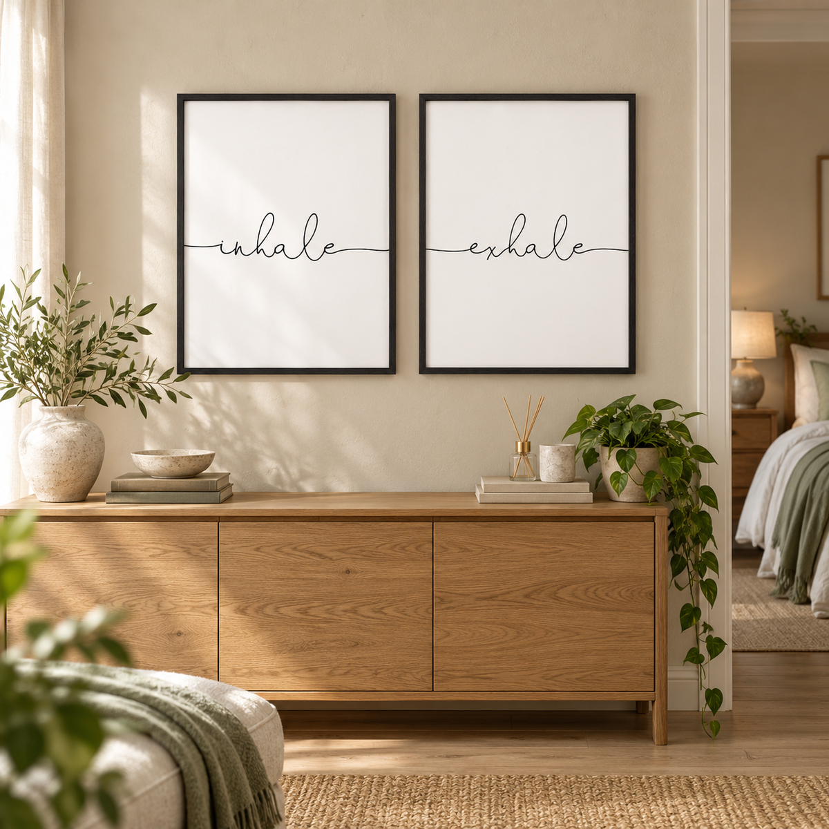 Inhale Exhale - Set Of 2 Prints — wider room setting, black oak frame