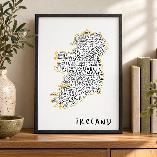 Ireland Typography Map Print — close lifestyle view, black oak frame