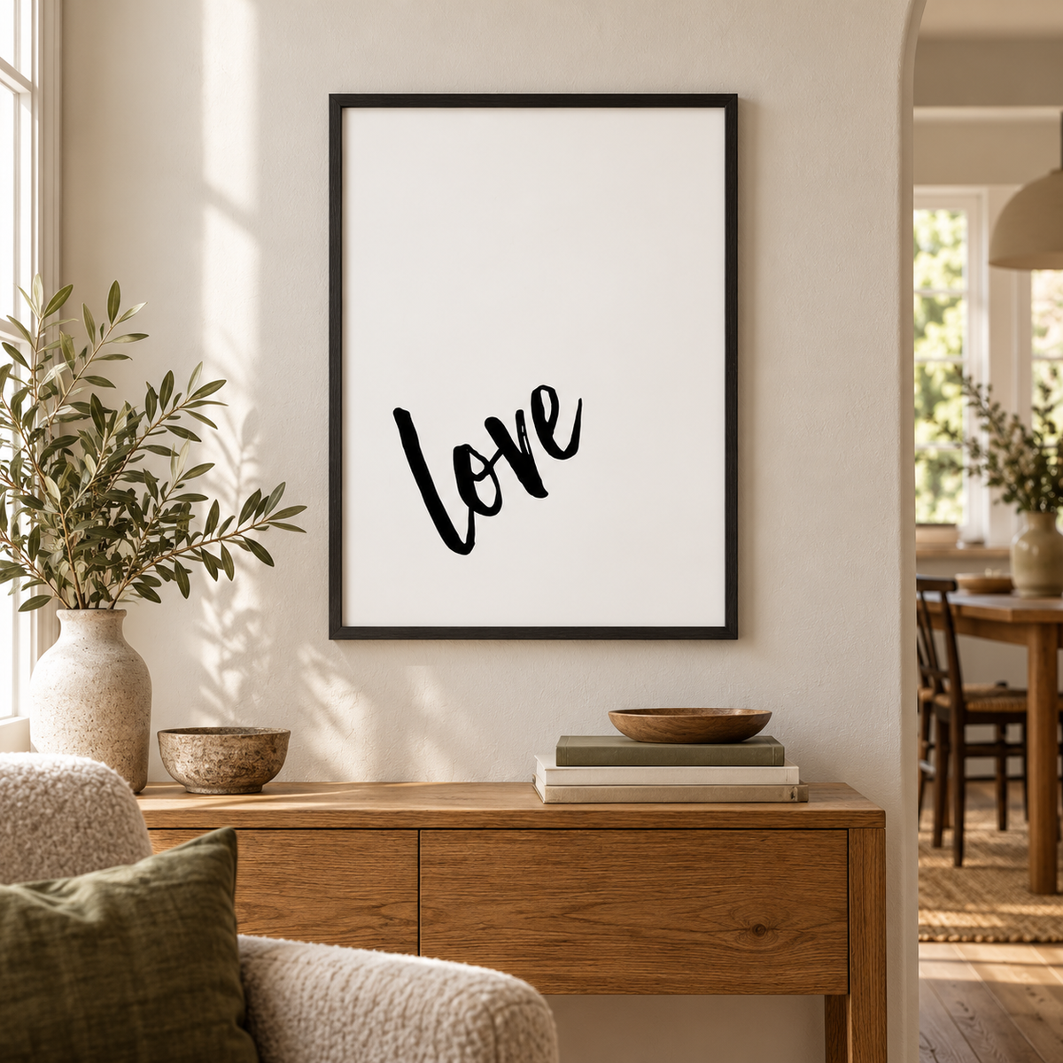 Love Note Print — wider room setting, black oak frame