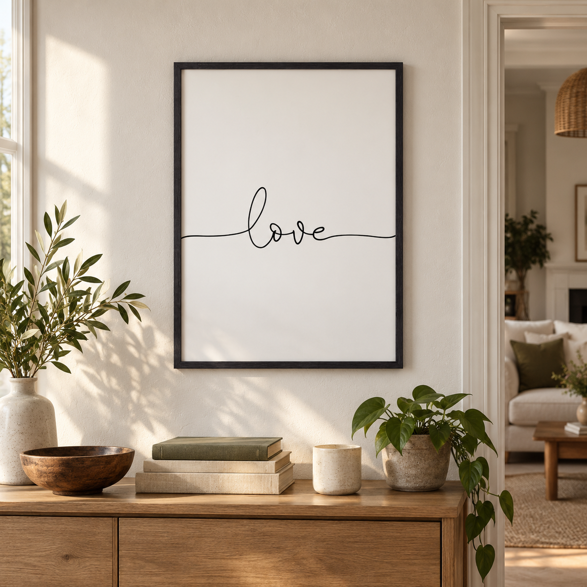 Love Print — wider room setting, black oak frame