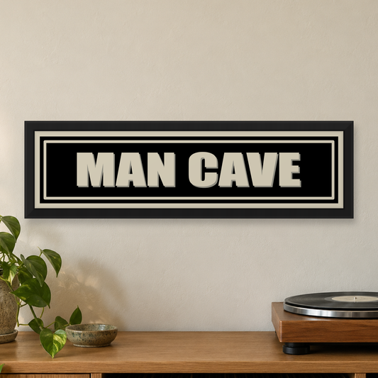 Man Cave Panoramic Print — close lifestyle view, matt black wood