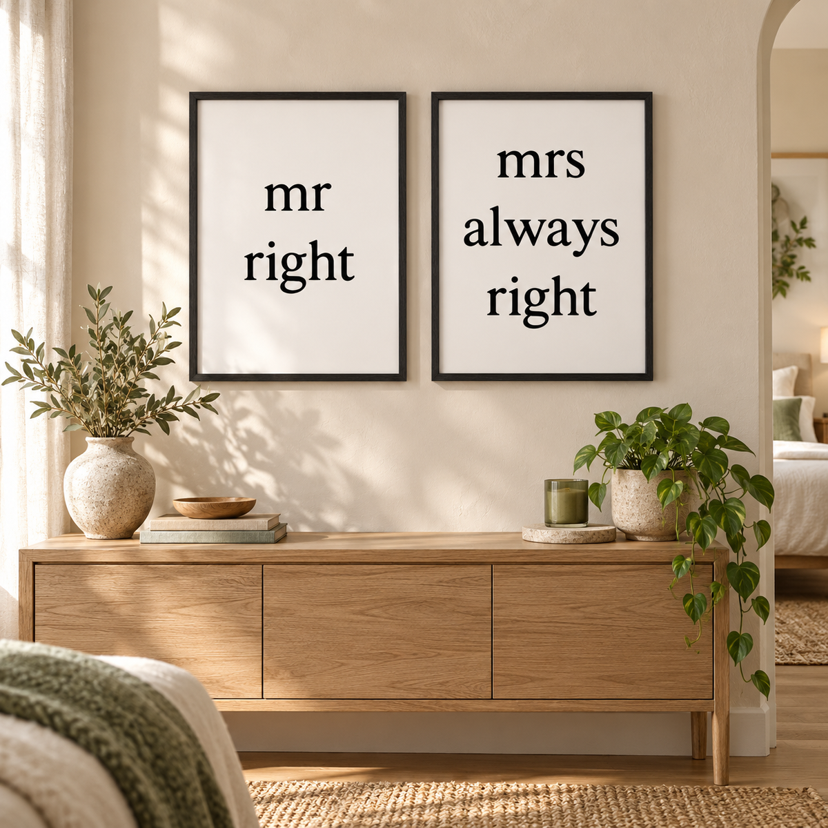 Mr Right Mrs Always Right - Set Of 2 Prints — wider room setting, black oak frame