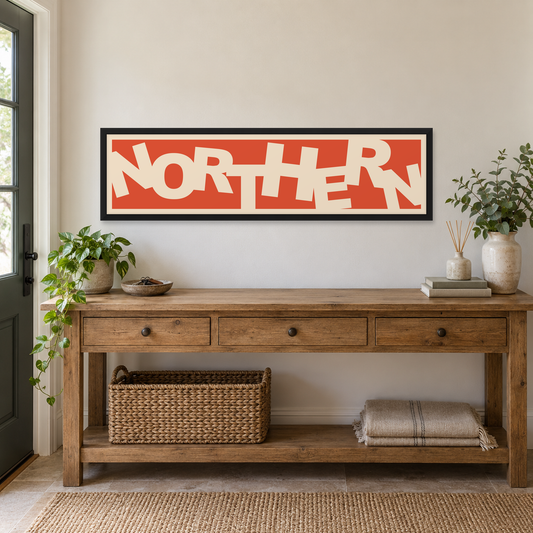 Northern Panoramic Print — wider room setting, matt black wood