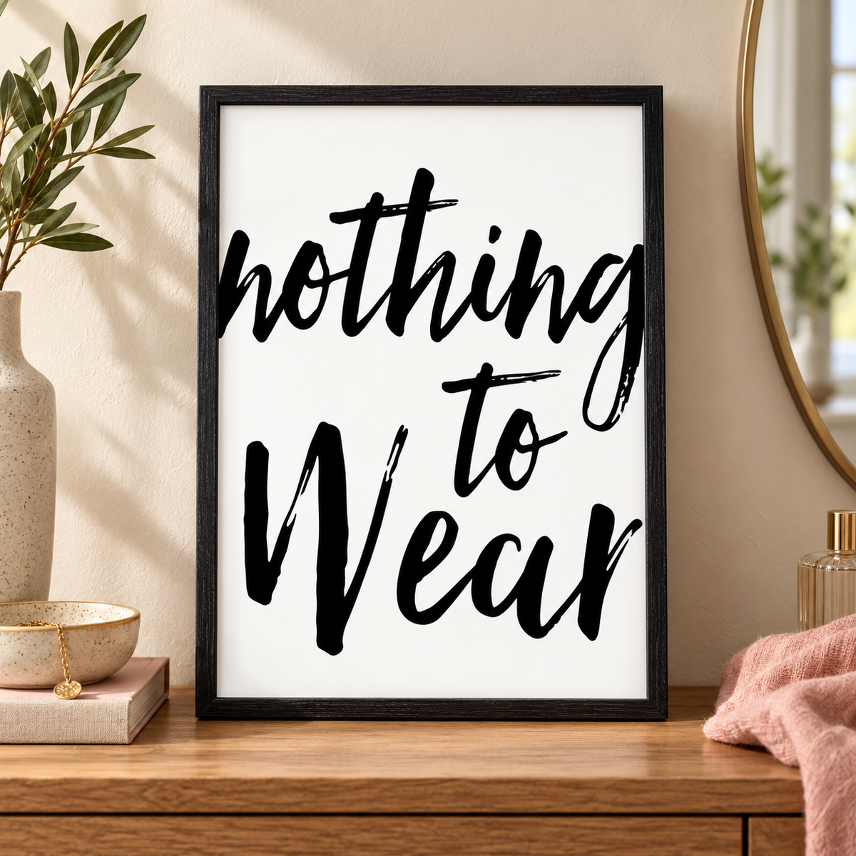 Nothing To Wear Print — close lifestyle view, black oak frame