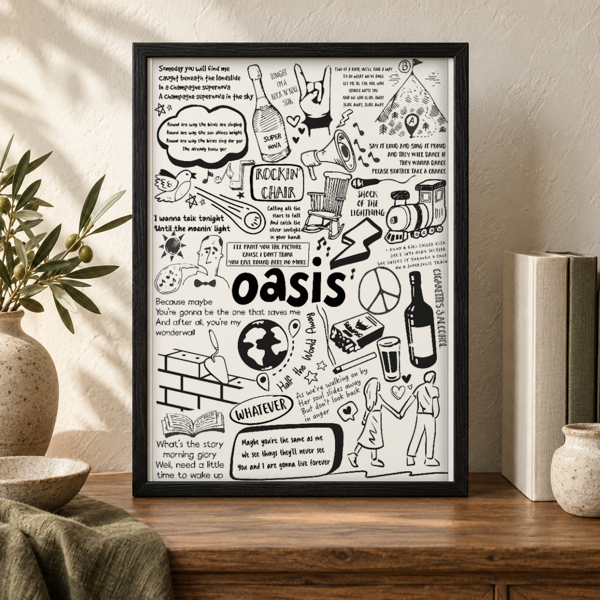 Oasis Lyric Album Print — close lifestyle view, black oak frame