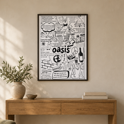 Oasis Lyric Album Print — wider room setting, black oak frame