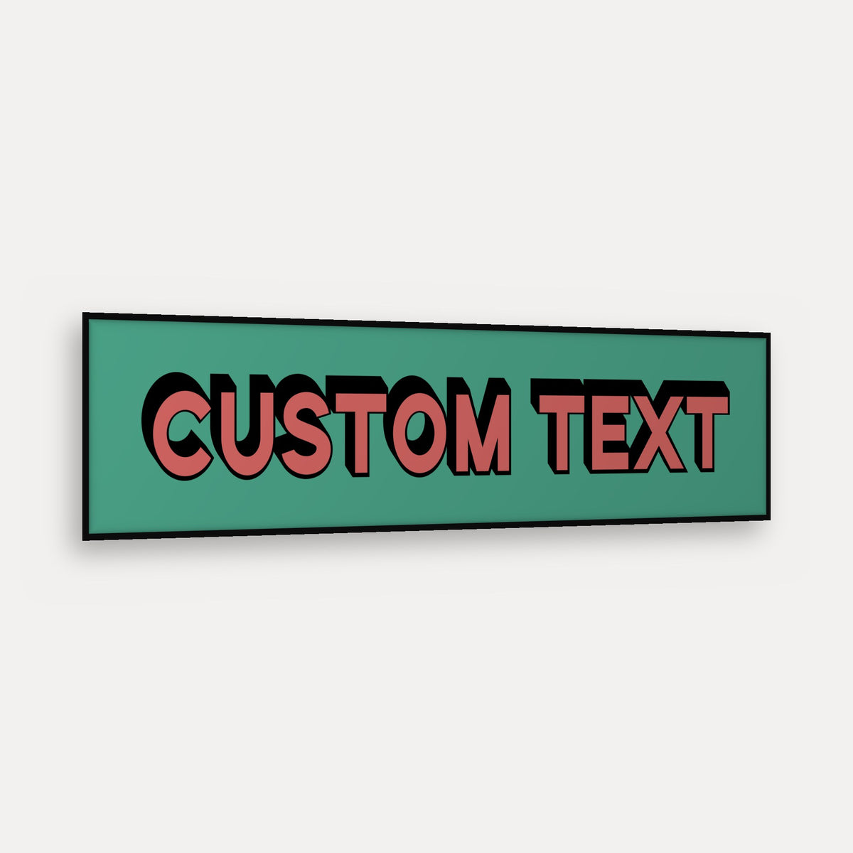 Personalised Bold Text panoramic print in a matt black frame, angled view