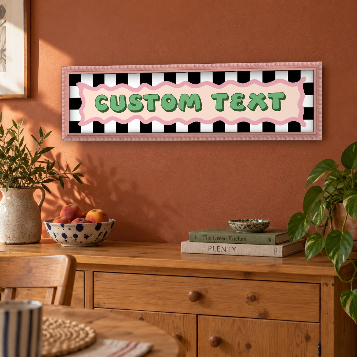Personalised Checkerboard panoramic print in a pink bobbin frame in a room setting