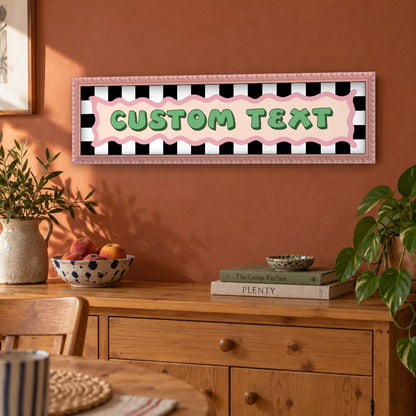 Personalised Checkerboard panoramic print in a pink bobbin frame in a room setting