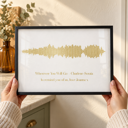 Personalised Gold Foil Favourite Song Sound Wave Print — close lifestyle view