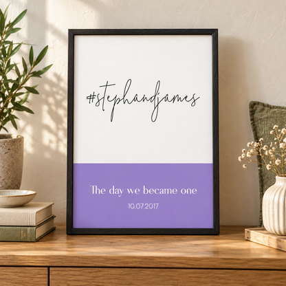 Personalised Hashtag Wedding Print — close lifestyle view, black oak frame