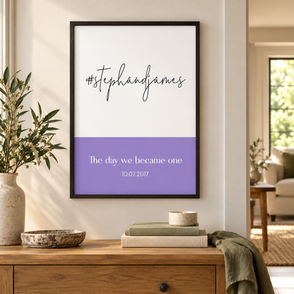 Personalised Hashtag Wedding Print — wider room setting, black oak frame