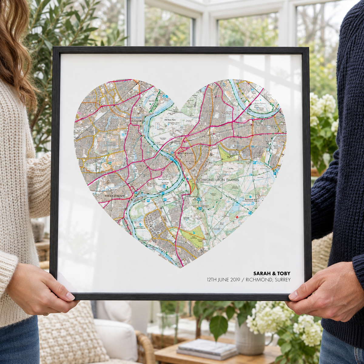 Personalised OS Map Heart Print — close lifestyle view