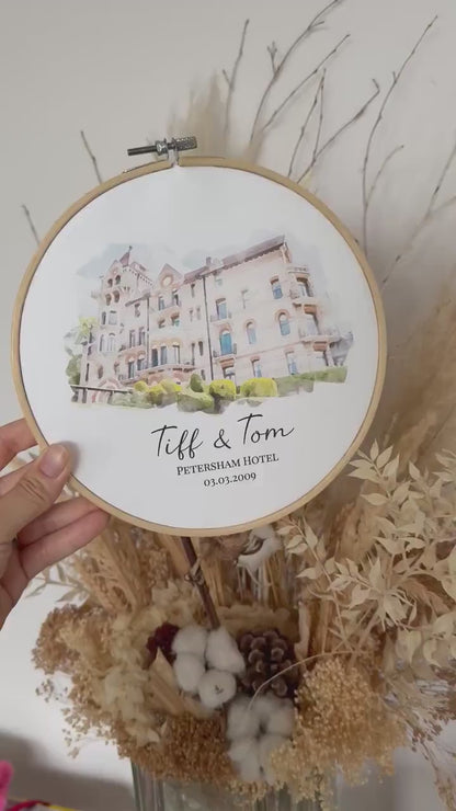 Personalised Watercolour Wedding Venue Painting | Cotton Canvas Embroidery Hoop