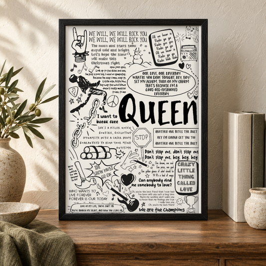 Queen Song Lyric Album Print — close lifestyle view, black oak frame