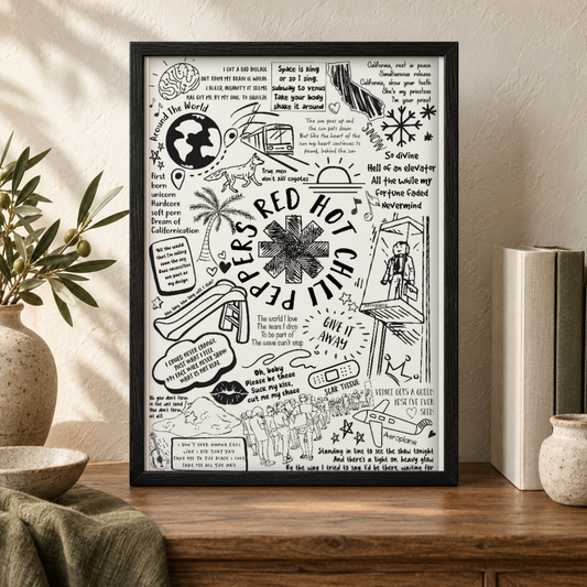Red Hot Chili Peppers Song Lyric Album Print — close lifestyle view, black oak frame