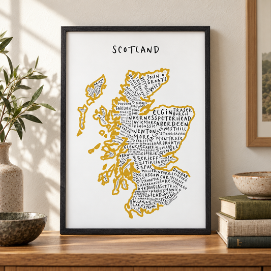 Scotland Typography Map Print — close lifestyle view, black oak frame