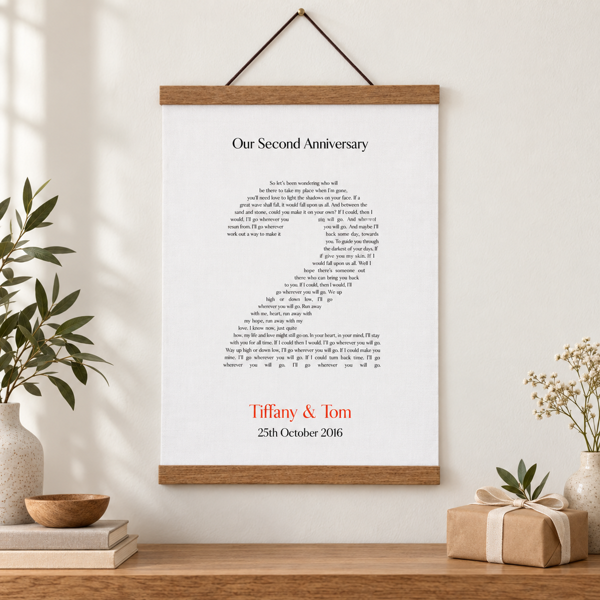 Personalised Second Anniversary Song Lyrics Cotton Canvas Print - close lifestyle view