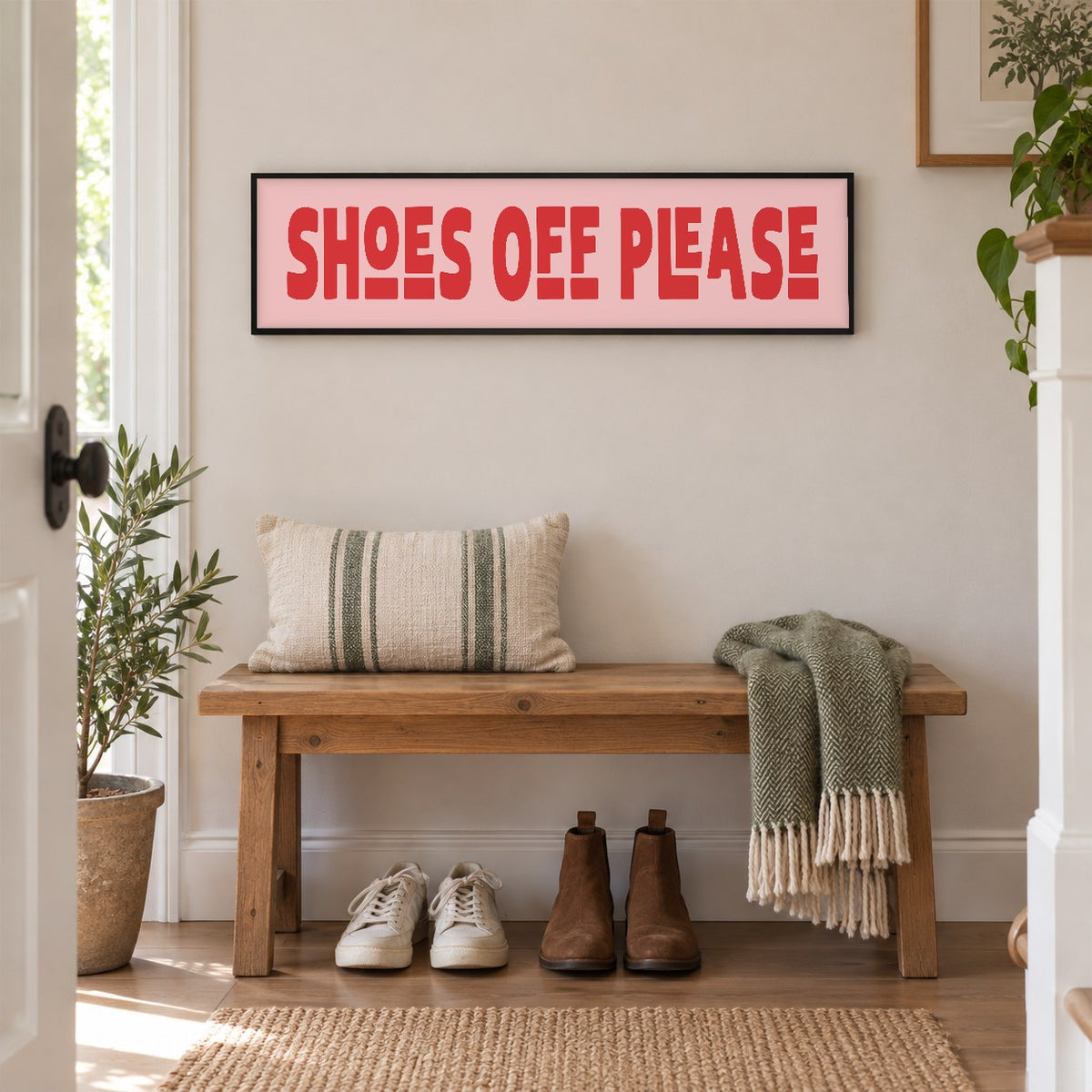 Shoes Off Please panoramic print in a black frame in a room setting