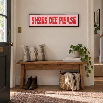 Shoes Off Please panoramic print in a black frame in a room setting
