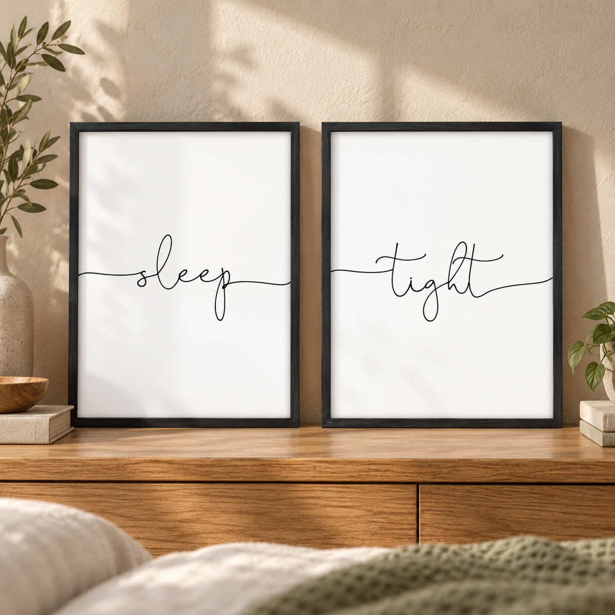 Sleep Tight - Set Of 2 Prints — close lifestyle view, black oak frame