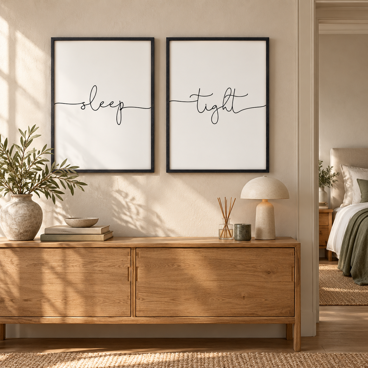Sleep Tight - Set Of 2 Prints — wider room setting, black oak frame