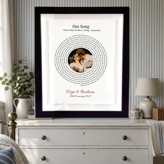 Personalised Song Lyrics Photo Print Float Mounted Frame - close lifestyle view