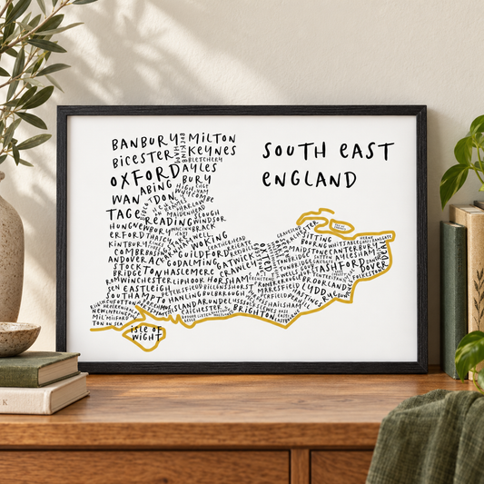 South East England Typography Map Print — close lifestyle view, black oak frame