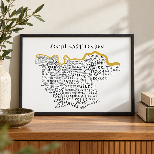 South East London Typography Map Print — close lifestyle view, black oak frame