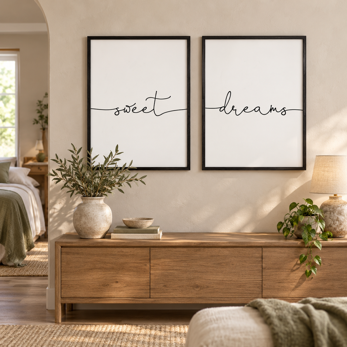 Sweet Dreams - Set Of 2 Prints — wider room setting, black oak frame
