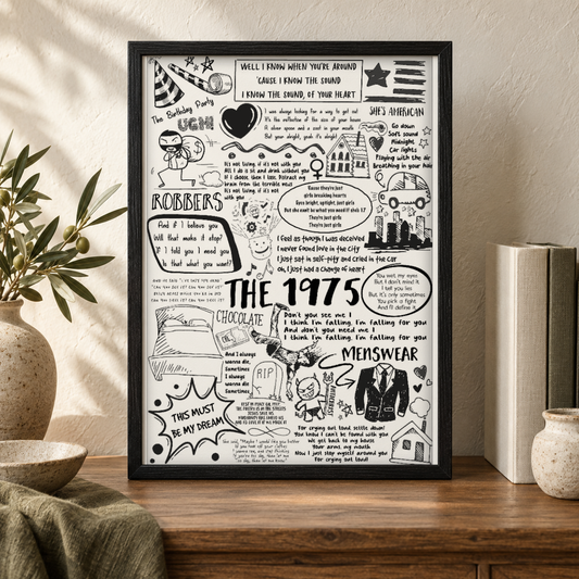 The 1975 Song Lyric Album Print — close lifestyle view, black oak frame