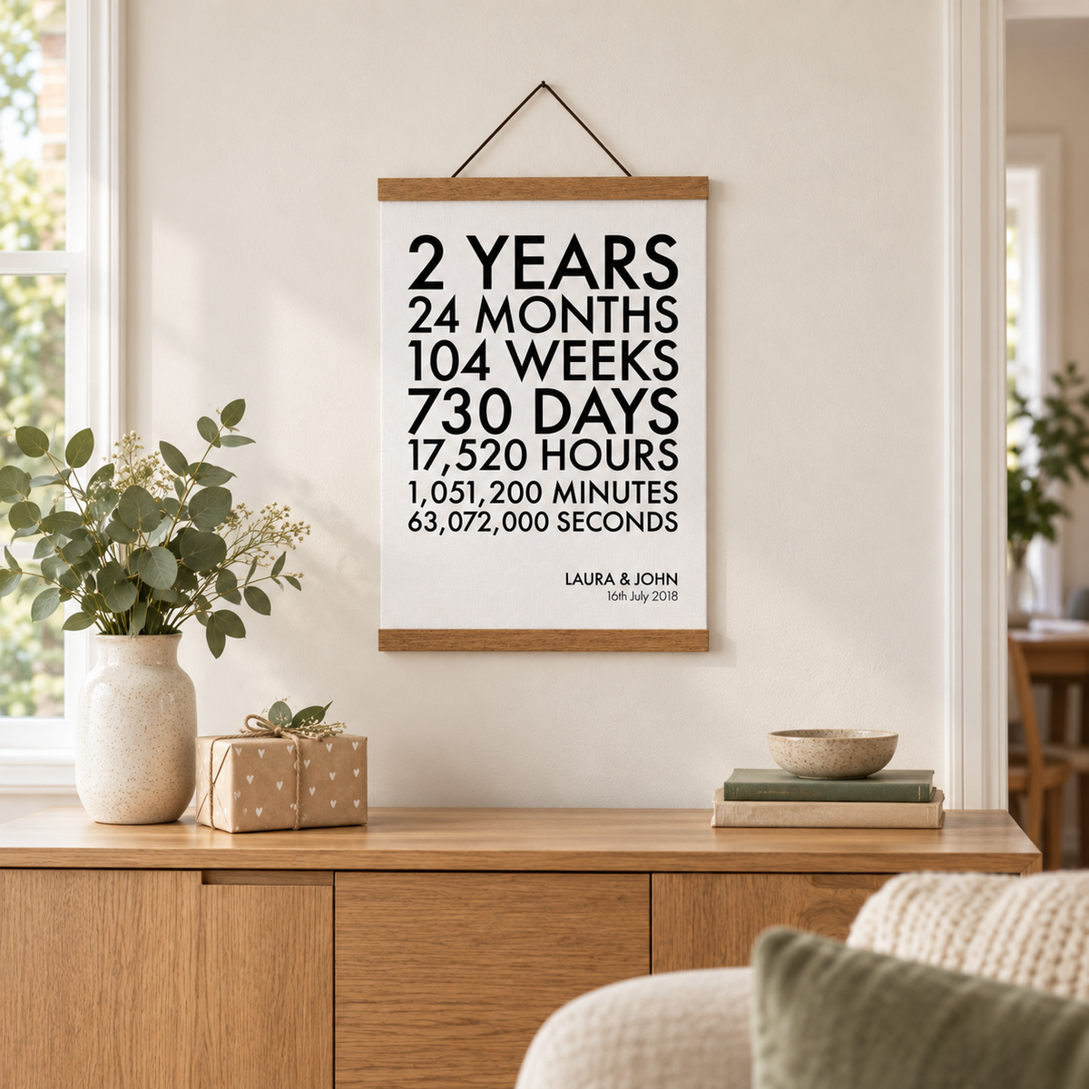 Personalised Time Canvas Print - Cotton 2nd Anniversary - wider lifestyle view