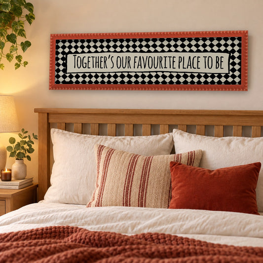 Together's Our Favourite Place To Be panoramic print in a red bobbin frame in a room setting