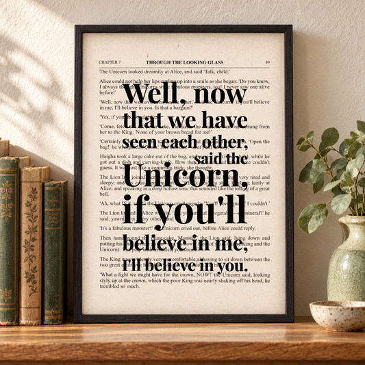 Alice In Wonderland Unicorn Quote Book Print — close lifestyle view, black oak frame