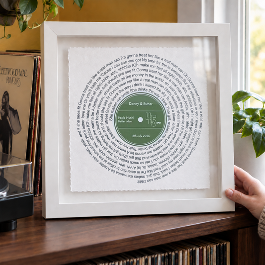 Personalised Song Lyrics Vinyl Record Float Mounted Frame - close lifestyle view