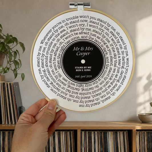 Vinyl Record Art Print | Personalised Favourite Song Lyrics | Cotton Canvas Circular Frame - close lifestyle view
