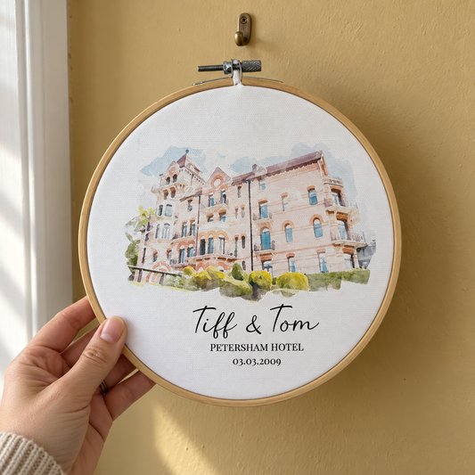 Personalised Watercolour Wedding Venue Painting | Cotton Canvas Embroidery Hoop - close lifestyle view