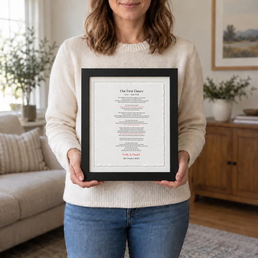 Personalised Wedding Song Lyrics Print Float Mounted Frame - held 10 x 12 inch lifestyle close view
