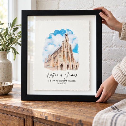 Personalised Wedding Venue Watercolour Print Float Mounted Frame - close lifestyle view