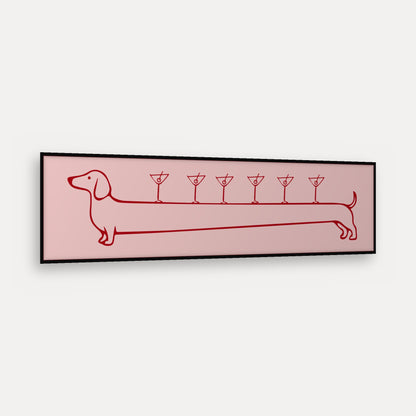 Weenies & Martinis panoramic print in a matt black frame, angled view